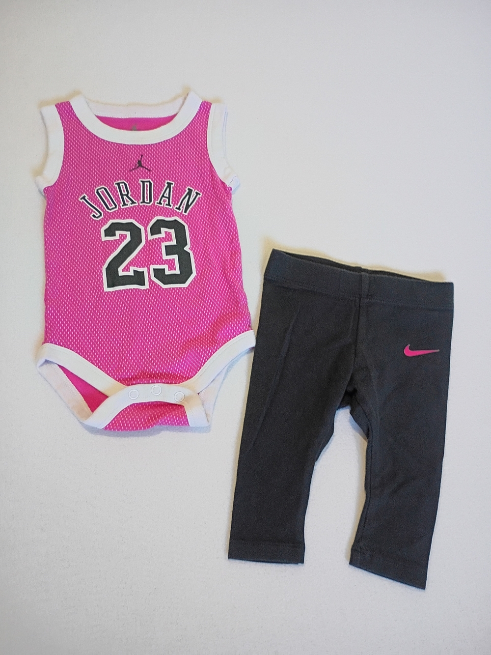 Jordan Pink & Black One Piece With Black Nike Legging With Pink Swoosh Sz 6M